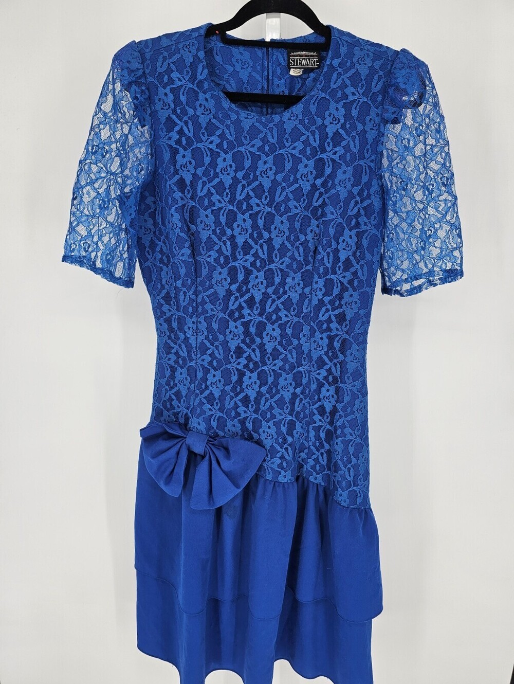 Vtg 1980s Cybil Stewart Womens Sz 10 Drop Waist Formal Dress Blue Lace Prom